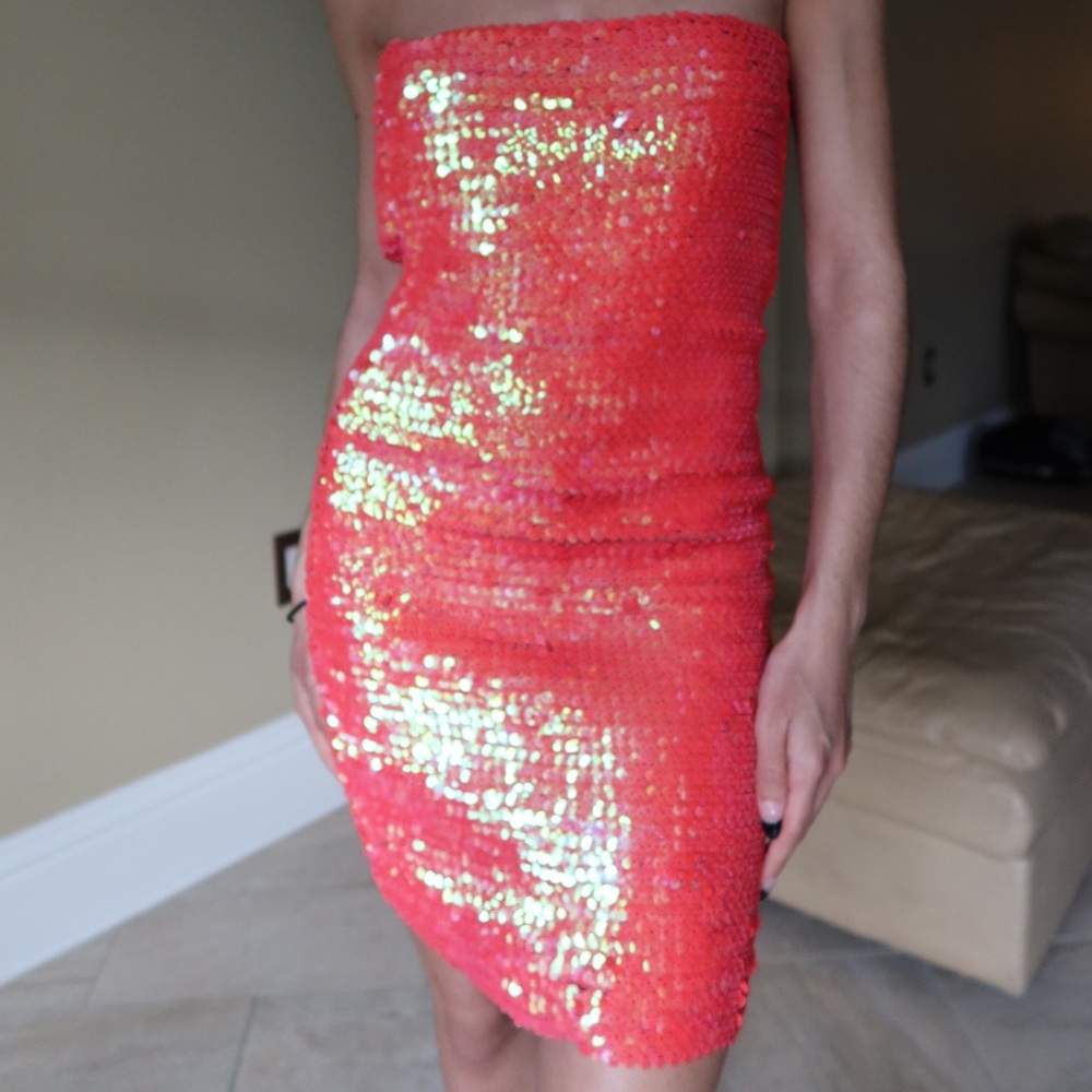 Coral Iridescent Sequin Mini Dress